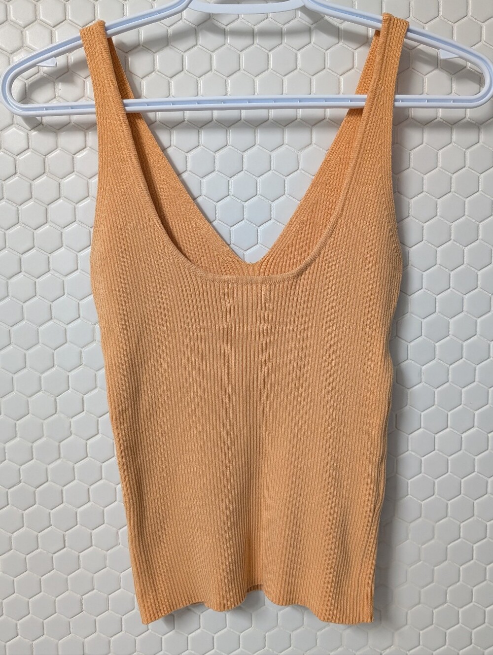 Mango Ribbed Knit V-Neck Top, Peach - Picture 3 of 6